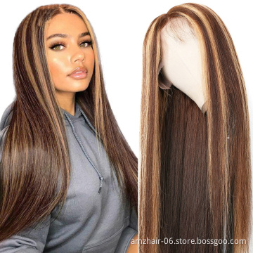 Hot Selling Fashionable piano colored wig Highlight 1b Honey Brown Color Straight Human Hair Transparent Lace Front Closure Wigs